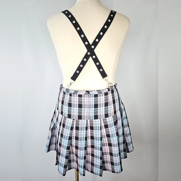 Hot Topic Pastel Plaid Grommet Suspender Pleated Skirt Junior's Size XL - Picture 7 of 7